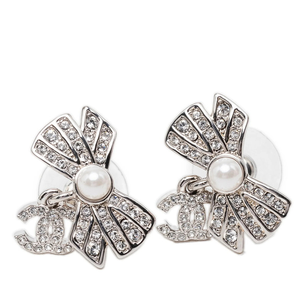 CHANEL Silver Pearl Logo Earrings